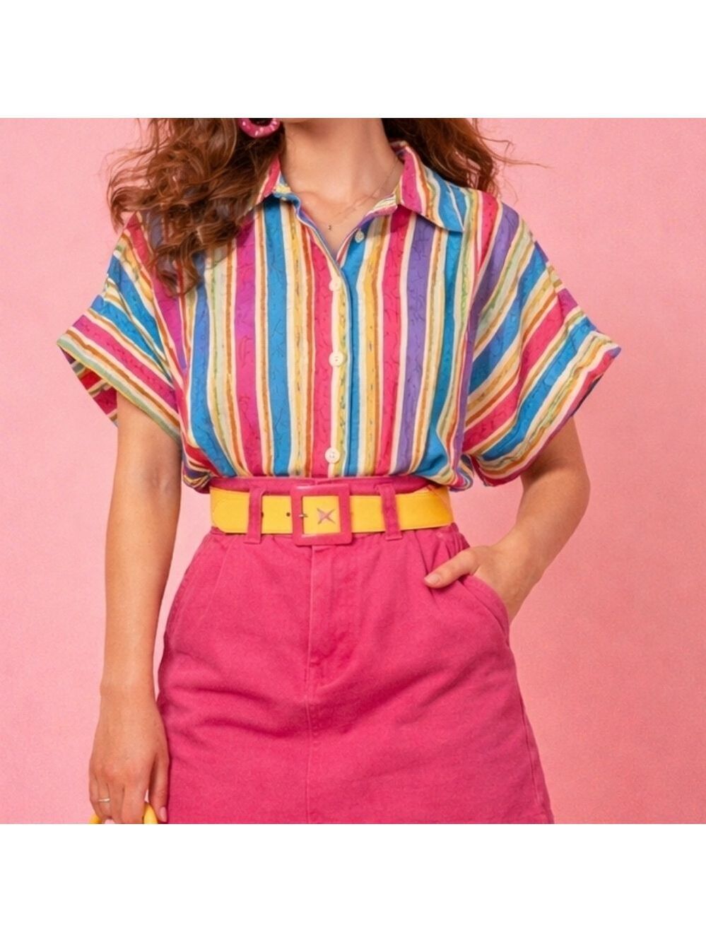 XL • Blair • Vintage Boxy Striped Button Down Shirt With Cuffed Short Sleeve